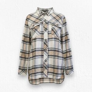 Sanctuary Beige Black Plaid Button Up Flannel Shirt Classic Shacket Size Large